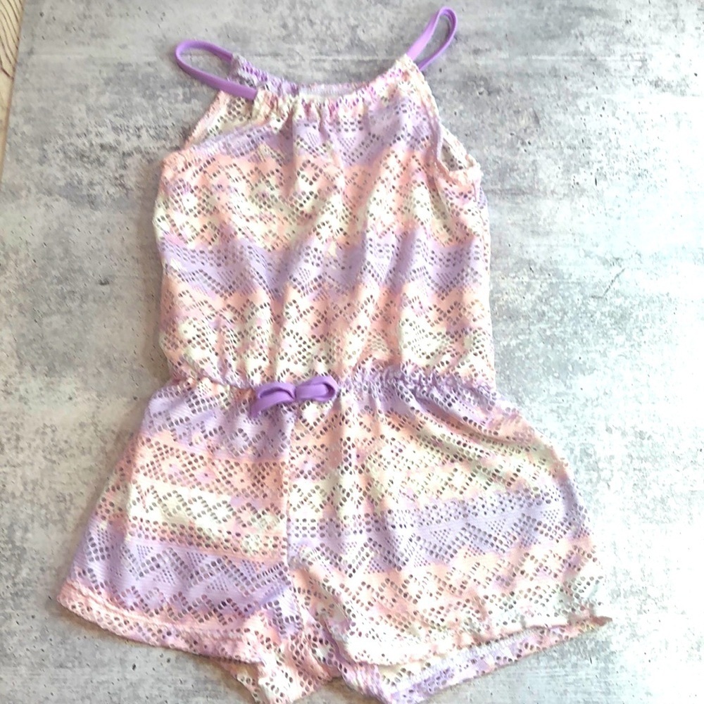 PLACE Tie Dye Lace Sleeveless Romper Swim Coverup Ivory Pastel Pink Purple 5/6